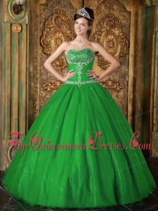 Green A-Line / Princess Sweetheart Floor-length Beading Tulle Quinceanera Dress