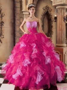 Hot Pink Ball Gown Strapless Floor-length Organza Beading and Ruffles Quinceanera Dress