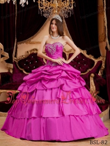 Hot Pink Ball Gown Sweetheart Floor-length Taffeta Appliques Quinceanera Dress