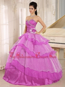 Hot Pink Sweetheart Beaded Decorate and Ruched Bodice Ruffled Layeres Quinceanera Dress In 2013