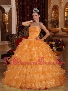 Orange Ball Gown Strapless Floor-length Organza Beading Quinceanera Dress