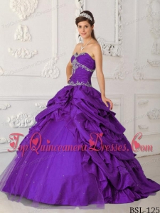 Purple A-Line / Princess Sweetheart Floor-length Taffeta and Tulle Appliques with Beading Quinceanera Dress
