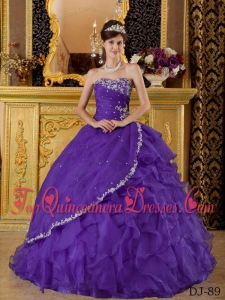 Purple Ball Gown Strapless Floor-length Organza Appliques Bule Quinceanera Dress