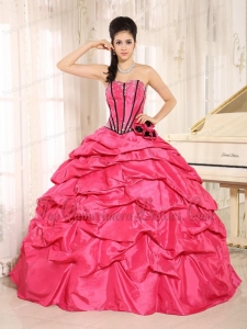 Red Beaded and Hand Made Flowers Quinceanera Dress With Pick-ups