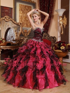 Red and Black Sweetheart Floor-length Organza Beading and Ruffles Quinceanera Dress