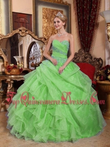 Spring Green Ball Gown Sweetheart Organza Appliques and Ruched Quinceanera Dress