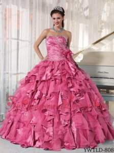 Watermelon Ball Gown Sweetheart Floor-length Organza Beading Quinceanera Dress