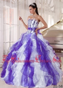 White and Purple Strapless Floor-length Organza Beading Quinceanera Dress