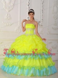 Yellow Ball Gown Strapless Floor-length Organza Beading and Ruffles Quinceanera Dress