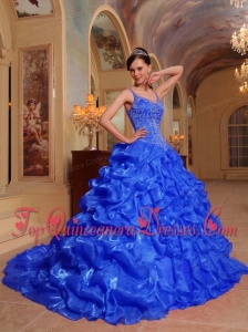 Blue Ball Gown Spaghetti Straps Floor-length Organza Embroidery Quinceanera Dress