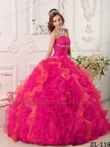 Coral Red Ball Gown Sweetheart Floor-length Organza Appliques and Beading Quinceanera Dress