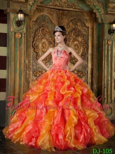 Orange Red Ball Gown Strapless Floor-length Organza Ruffles Quinceanera Dress