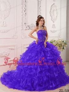 Purple Ball Gown Strapless Floor-length Organza Ruffles And Embroidery Quinceanera Dress