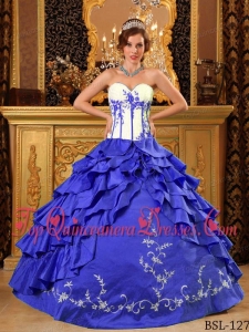 Sweetheart Ruffles And Embroidery Quinceanera Dress in Royal Blue and White