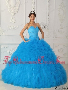 Aqua Blue Ball Gown Sweetheart Floor-length Satin and Organza Beading Quinceanera Dress