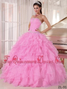 Baby Pink Ball Gown Strapless Floor-length Organza Beading Quinceanera Dress