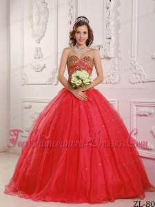 New Style Coral Red A-Line / Princess Sweetheart Floor-length Satin and Organza Beading Quinceanera Dress