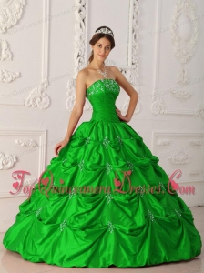 New Style Green Ball Gown Strapless Floor-length Taffeta Appliques and Beading Quinceanera Dress