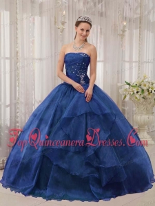 Popular Blue Ball Gown Strapless Floor-length Organza Beading Quinceanera Dress