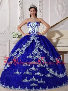 Popular Dark Blue and White Ball Gown Strapless Floor-length Organza Appliques Quinceanera Dress