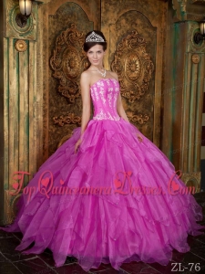Gorgeous Ball Gown Strapless Floor-length Appliques Organza Hot Pink Fashionable Quinceanera Dress