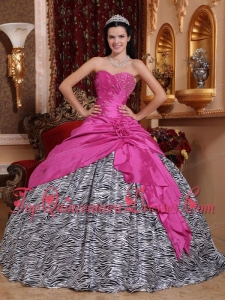 Hot Pink Ball Gown Sweetheart Floor-length Taffeta and Zebra Beading Perfect Quinceanera Dress