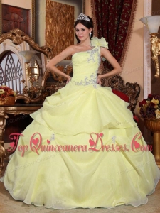 Popular Light Yellow Ball Gown One Shoulder Floor-length Organza Appliques Quinceanera Dress