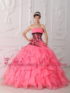 Pretty Sweet Coral Red Strapless Appliques and Ruffles Quinceanera Dress