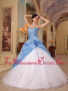 Aqua Blue and White A-Line Sweetheart Floor-length Beading Fashionable Quinceanera Dress