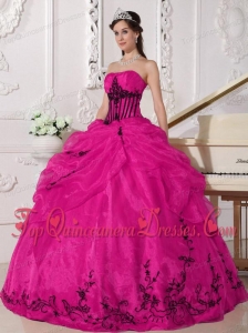 Coral Red and Black Ball Gown Strapless Floor-length Organza Appliques Fashionable Quinceanera Dress