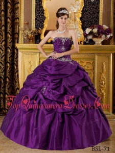 Eggplant Purple Ball Gown Strapless Floor-length Taffeta Appliques Puffy Sweet 16 Gowns