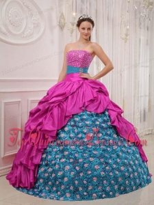 Hot Pink and Blue Ball Gown Strapless Floor-length Taffeta Beading Fashionable Quinceanera Dress