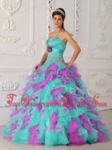 Multi-color Ball Gown Strapless Floor-length Organza Appliques and Hand Flower Fashionable Quinceanera Dress