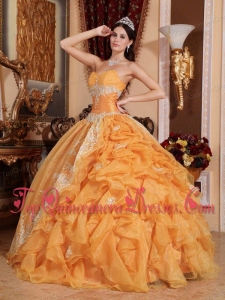 Orange Ball Gown Sweetheart Floor-length Organza Beading Puffy Sweet 16 Gowns