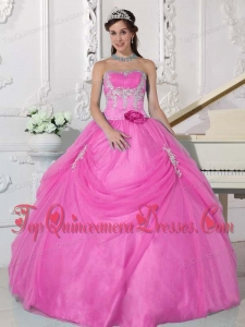 Pink Ball Gown Strapless Floor-length Taffeta and Organza Appliques and Hand Made Flower Fashionable Quinceanera Dress