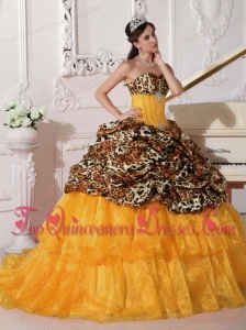 Print Orange Ball Gown Sweetheart Sweep / Brush Train Leopard and Organza Appliques Quinceanera Dress