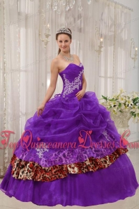 Print Purple Ball Gown Sweetheart Floor-length Organza and Zebra or Leopard Appliques Quinceanera Dress