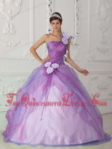 Rose Pink Ball Gown One Shoulder Floor-length Organza Beading and Hand Flower Fashionable Quinceanera Dress