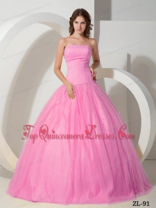 Rose Pink Strapless Floor-length Tulle Beading Unique Quinceanera Dress