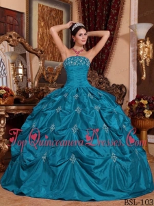 Teal Ball Gown Strapless Floor-length Taffeta Appliques Puffy Sweet 16 Gowns