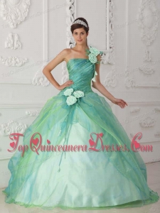 Apple Green Ball Gown One Shoulder Floor-length Organza Beading and Hand Flower Unique Quinceanera Dress