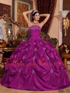 Fuchsia Ball Gown Strapless Floor-length Taffeta Appliques Vestidos de Quinceanera