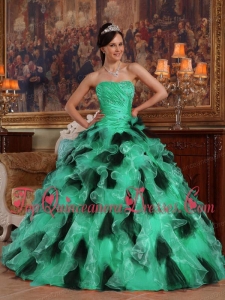 Green and Black Ball Gown Strapless Floor-length Organza Unique Quinceanera Dress