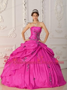 Hot Pink Ball Gown Strapless Floor-length Taffeta Appliques Puffy Sweet 16 Gowns