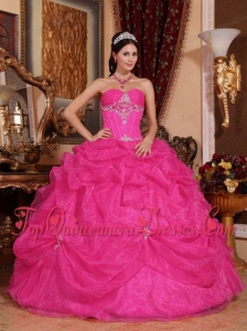 Hot Pink Ball Gown Sweetheart Floor-length Organza Beading Puffy Sweet 16 Gowns