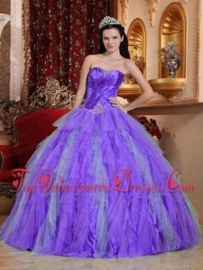 Lavender Ball Gown Sweetheart Floor-length Tulle Beading Puffy Sweet 16 Gowns