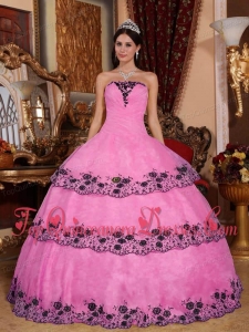 Pink Ball Gown Strapless Floor-length Organza Lace Appliques Unique Quinceanera Dress