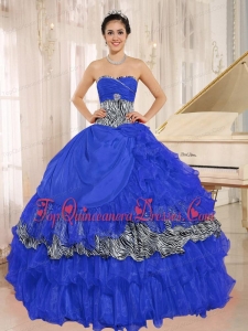 Pretty Wholesale Blue Sweetheart Ruffles Quinceanera Dress With Zebra and Beading
