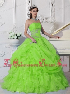 Puffy Spring Green Ball Gown Strapless Floor-length Organza Beading Sweet 16 Gowns