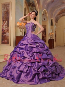 Purple Ball Gown Strapless Court Train Pick-ups Taffeta Unique Quinceanera Dress